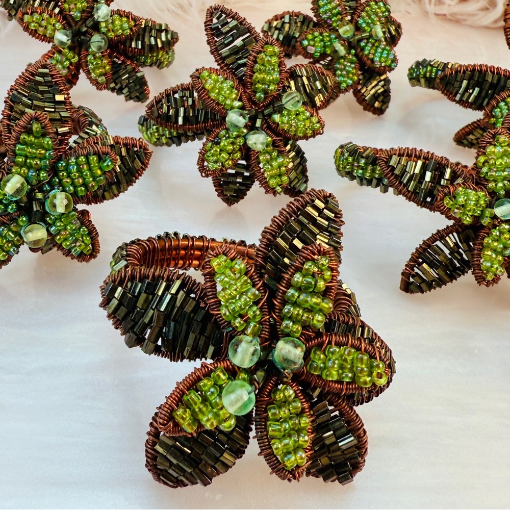 Vintage Coastal Beaded Beach Green wire Wrapped Palm Tree Napkin Rings set of 8